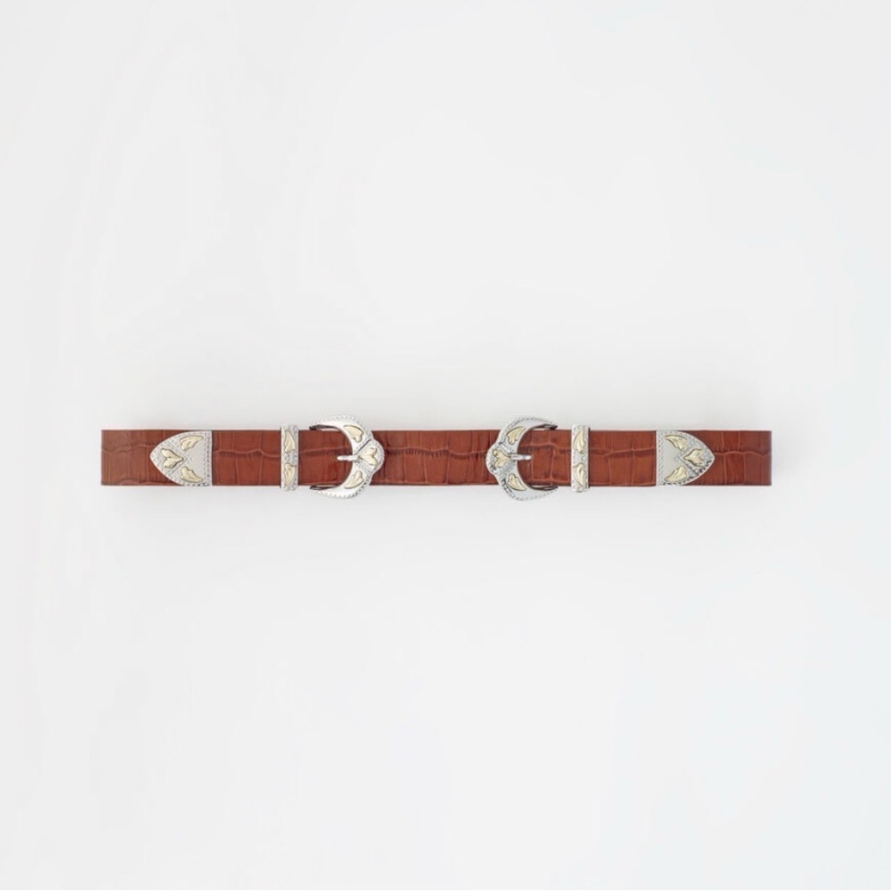 Maje Double Buckle Western-Style Brown Croc Belt